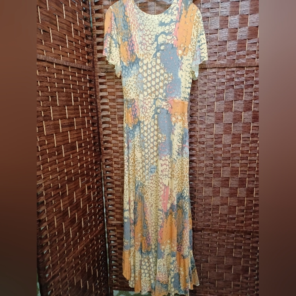 Boho V-Neck Flutter Sleeve Maxi Dress in Orange and Beige - Picture 3 of 11